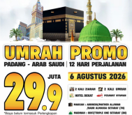 Detail Perjalanan Durasi: 12 Hari Keberangkatan: 6 Agustus 2026 Rute: Padang โ Arab Saudi (Direct Flight) Harga Promo ๐ฐ 29,9 Juta Rupiah. UMRAH PROMO 6 AGUSTUS 2026 (12 Hari)