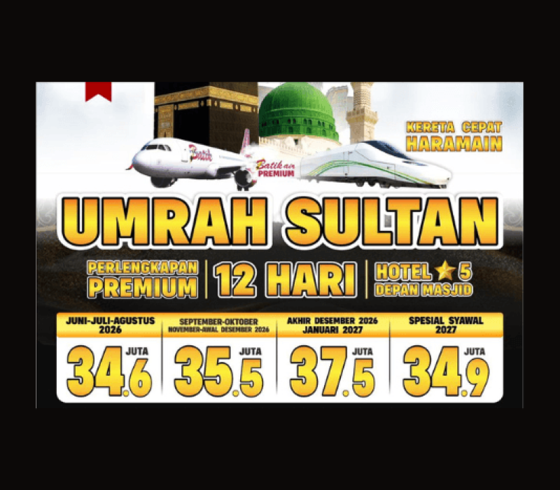 Ketika kenyamanan menjadi prioritas, Umrah Sultan dari corodoba travel umrah akreditasi A dari kota padang menawarkan pengalaman perjalanan premium dengan hotel bintang 5, Batik Air Premium, dan perjalanan Kereta Cepat Haramain.